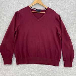 Lands End Sweater Mens Large 42-44 Maroon Knit V Neck Long Sleeve Supima Cotton